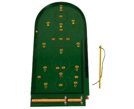 A Chad Valley bagatelle board, painted green, with cardboard box. 