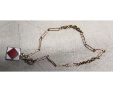 A 9ct fancy link bracelet, oval link hallmarked, and a white metal and enamel square pendant, 3.0g all in.