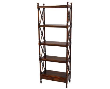 A 20thC mahogany five-tier etagere, each shelf united with a turned support with an X-shaped stretcher with central roundel, 