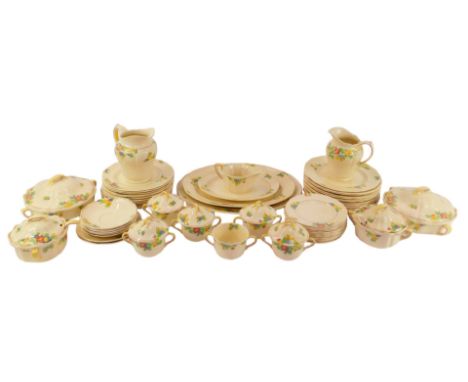 A Royal Doulton Minden pattern pottery part dinner service, comprising two twin-handled vegetable dishes and covers, six twin