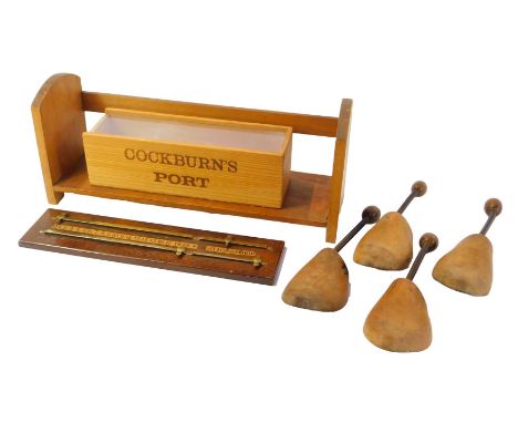 A group of treen, to include a Cockburns port box with sliding Perspex door, an oak billiard scoreboard, book trough, etc. (a
