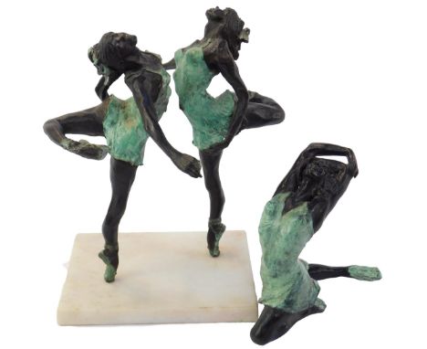 A 20thC bronze effect figure group, depicting two ballerinas in the manner of Degas, on a marble plinth, 30cm high, and a sin