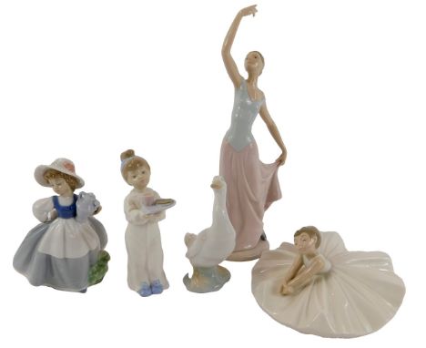 Five Nao porcelain figures, modelled as Optimistic Duck, 14cm high, seated ballerina, a girl holding a two-handled vessel, gi