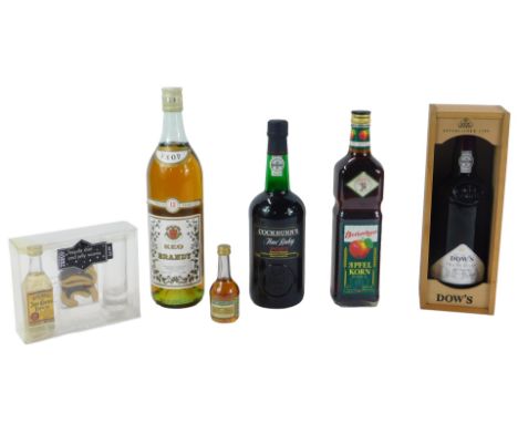 A group of alcohol, comprising Dow's Trademark Reserve port, in wooden case, Cockburn's Fine Ruby port, Keo brandy, apple liq
