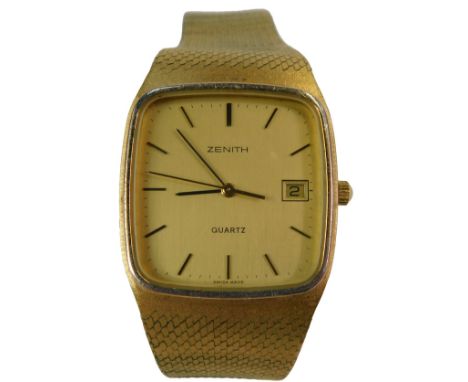 A gold plated Zenith Quartz gentleman's wristwatch, on a gold plated bracelet strap, champagne coloured dial with baton marke