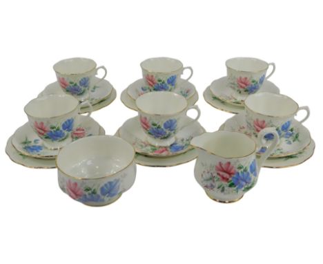 A Royal Albert porcelain Friendship Sweet Pea pattern part tea service, comprising six teacups and saucers, plates, sugar bow