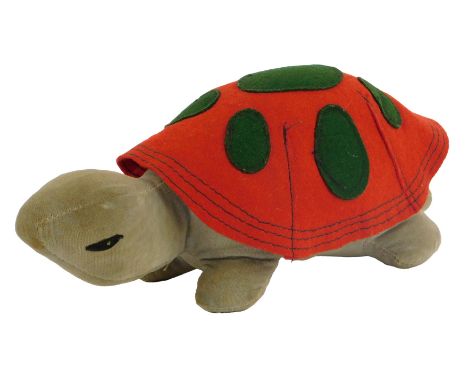 A Merrythought tortoise, with a red and green felt shell, bears label, 28cm long. 