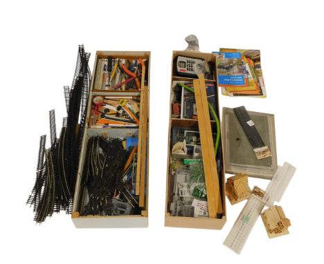 Two boxes of Dublo gauge trackside materials, track, and tools.