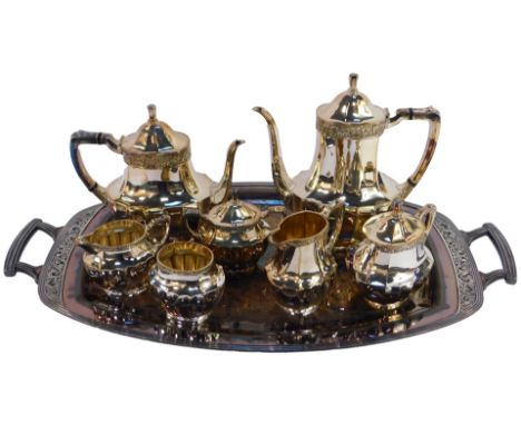 A Community Plate Coronation pattern tea and coffee service, comprising coffee pot, teapot, two twin handled lidded sugar bow
