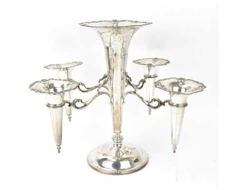 A George V silver epergne by Elkington &amp; Co, Birmingham 1913, with central trumpet vase with pierced c-scroll detail to r