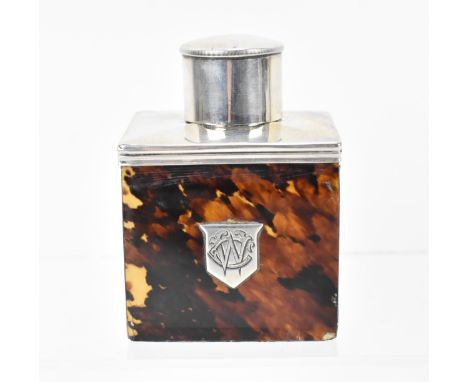 A Victorian tortoiseshell and silver mounted tea caddy by Cornelius Saunders &amp; Frank Shepherd, London, 1895, of square fo