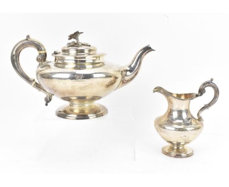 A William IV silver teapot and milk jug by John James Keith, London 1836, the teapot with floral finial and ivory spacers, on