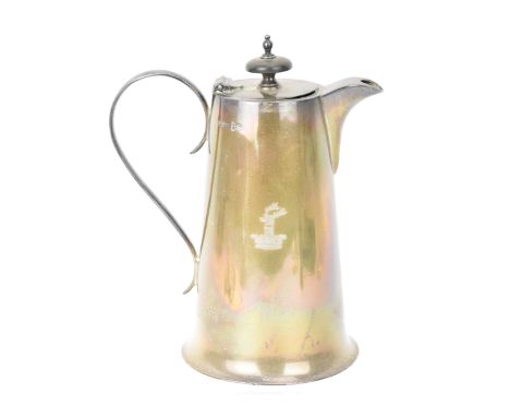 An Edwardian silver hot water pot by Walker &amp; Hall, Chester 1906, of tapered cylindrical form with ebonised finial to lid