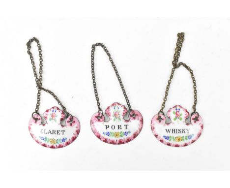 Three Bilston enamel decanter labels, Claret, Port and Whisky 