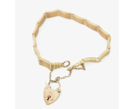 A 9ct rose gold gate link bracelet with padlock clasp and safety chain, 16.8g 