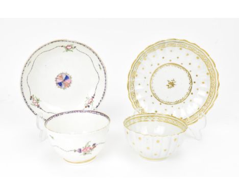 Two Caughley tea bowls and saucers, circa 1780-90, one painted with Target pattern in polychrome enamels, the other with ribb