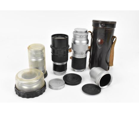 Four Leitz Wetzlar lenses for Leica cameras, to include a Telyt f/4.5 20cm Lens black, 1956, serial no 1256260, together with