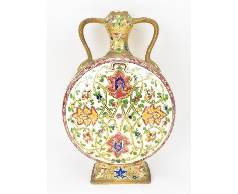 A Hungarian Fischer pottery twin-handled flask,late 19th century, Budapest, the circular body decorated with polychrome flora
