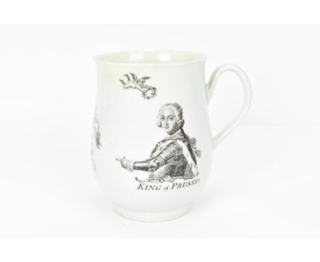 A Worcester bell-shaped King of Prussia mug, c.1757, printed in black with a head and shoulders portrait of Frederick II of P