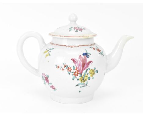 A Liverpool (Philip Christian) porcelain teapot and cover, circa 1775, decorated with polychrome sprays of flowers, 14 cm hig