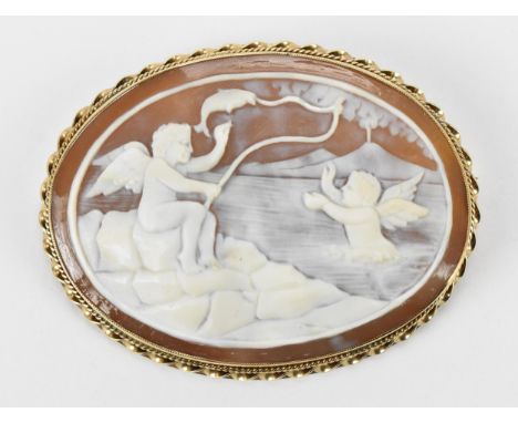 A 9ct yellow gold mounted shell Classical cameo brooch with two putto playing and fishing in a lake, with revolving catch, 6.