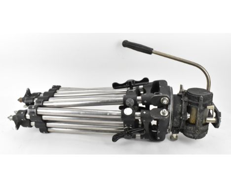 Vintage metal Ronford-Baker camera tripod legs in Moy fitting with an O'Connor fluid tripod head, model 50, for pro cine came