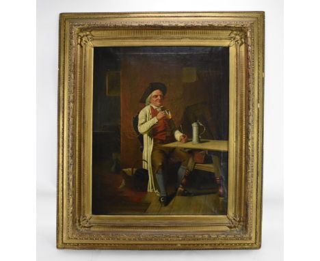 Continental School, 19th centurygenre scene depicting a man drinking his beer and smoking his pipe at a table indoors, signed