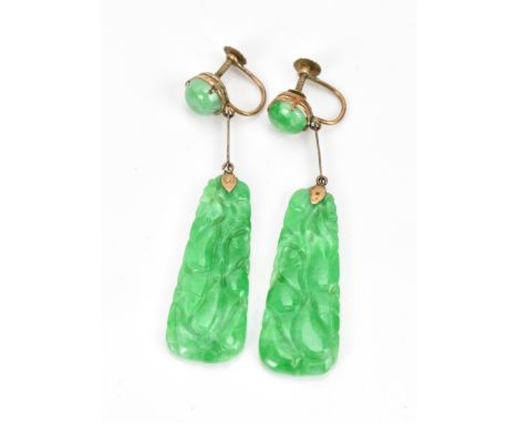 A pair of Chinese jade panel drop earrings, of naturalistic tapered design, the top part with cabochon, in a metal mount, wit