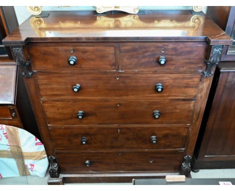 A large Victorian mahogany chest of two short over four long drawers with mother-of-pearl ebonized handles a/f, 122 cm wide x