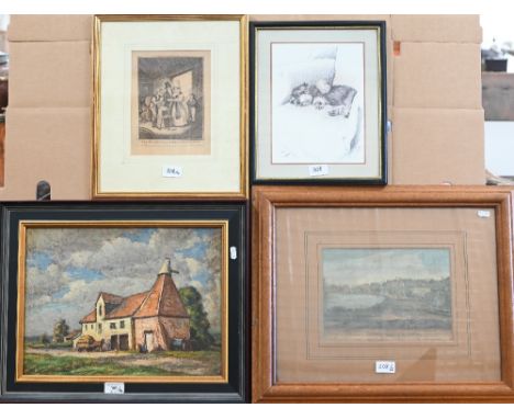 English school - A granary barn, oil on canvas, 29 x 39 cm to/w a Prospect of Hampstead... engraving; 'Gretna Green or the Re