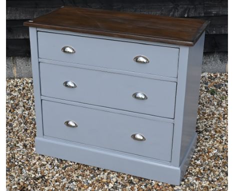 A pine chest of three long drawers, stained finish top on light grey painted base with polished cupped handles, 92 cm wide x 