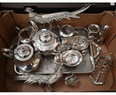 Art deco style epbm 4-piece tea service, pair of pheasant table ornaments, two 'swan' salts with silver heads and wings, pair