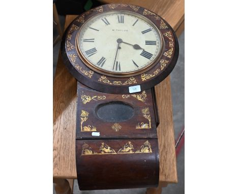 A 19th century inlaid rosewood drop-dial wall clock, the dial painted for W Taylor, 66 cm high (f/r, no key) 