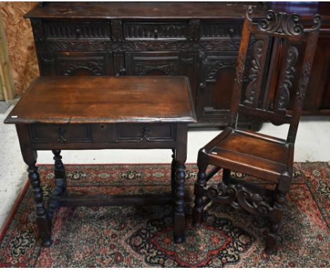 An 18th century joint oak single drawer side table, raised on bobbin-turned supports united by a centre stretcher, 79 x 47 x 