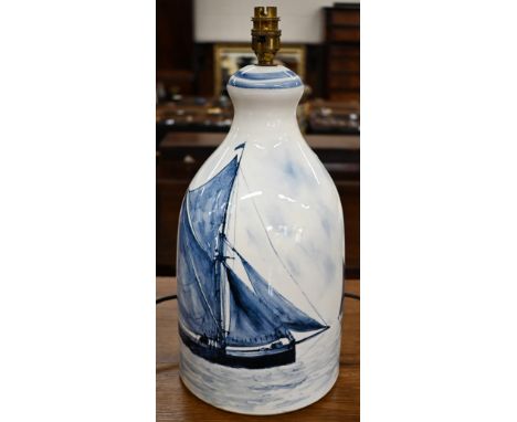 A Rye Pottery blue and white table lamp base featuring sailing barges, 45 cm high including fitting 