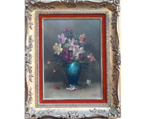 R Cook - Still life study with flowers in a blue vase, oil on board, signed lower right and dated '61, 30 x 21 cm 