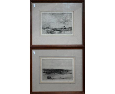 William Westley Manning (1868-1954) - Two drypoint etching pastoral views - A river scene and harvest view, both pencil signe