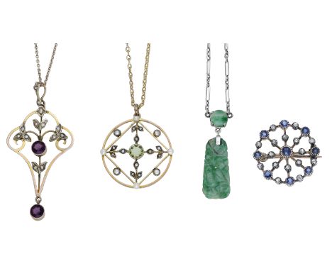 A small collection of early 20th century and later jewellery, comprising two seed pearl and gem-set pendants, set with perido