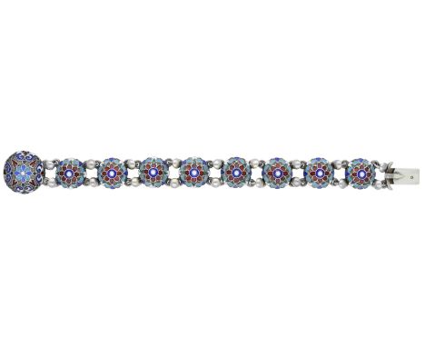 A Russian silver and polychrome enamel bracelet, composed of domed roundels, each stamped to the reverse with town mark for S