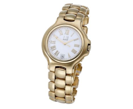 Dunhill. A gold wristwatch with date and bracelet, Ref. 10034, circa 1990. Movement: quartz. Dial: white, applied Roman numer