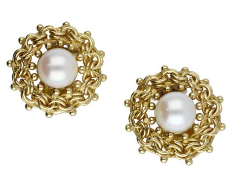 A pair of 18ct gold and cultured pearl ear clips, 1994, the woven gold plaques with bead detailing and set with a central cul