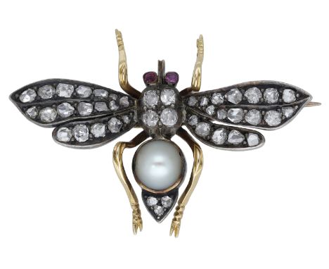 A late 19th century diamond and pearl set insect brooch, set throughout with old brilliant-cut and rose-cut diamonds, with pe