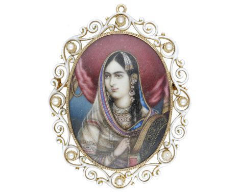 An Indian portrait miniature, circa 1860, depicting Mumtaz Mahal, later mounted by Marcus & Co., the glazed oval portrait, wa