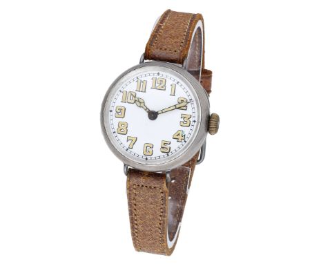 Swiss. A silver trench watch, circa 1915. Movement: manual winding, jewelled lever escapement. Dial: white enamel, Arabic num