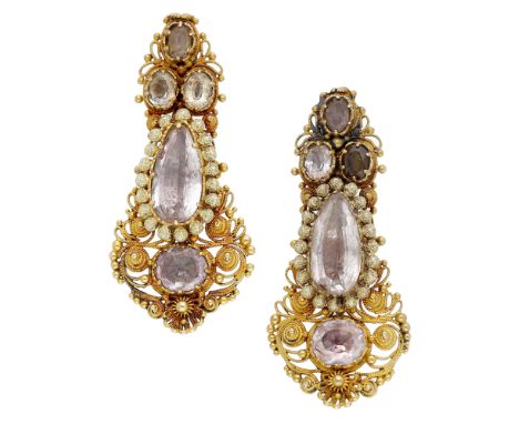 A pair of gem-set ear pendants, circa 1830, the elongated drops with cannetille decoration throughout and set with vari-cut p
