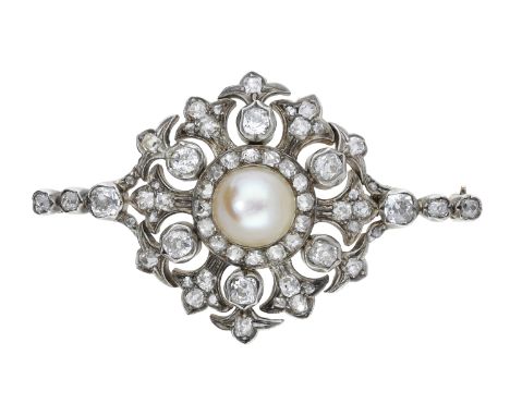 A late 19th century diamond and natural pearl brooch, the lozenge-shaped brooch of openwork design and centrally set with a b