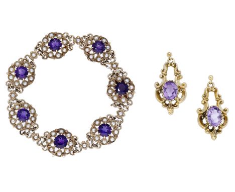 An amethyst bracelet and earrings, the 9ct gold bracelet formed as a series of flowerhead clusters, each set with a circular-