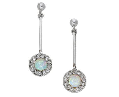 A pair of opal and diamond ear pendants, the stud surmounts suspending a knife-edge drop terminating in an opal and rose-cut 