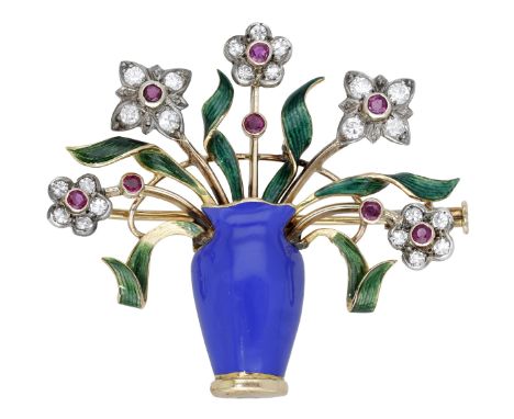 A mid 20th century enamel and gem-set brooch, the jardiniere with blue enamel vase and green enamel scrolling foliage, the fl