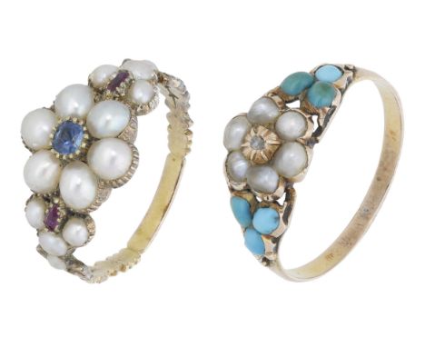 Two 19th century seed pearl and gem-set cluster rings, of flowerhead cluster design, the first with sapphire and ruby highlig